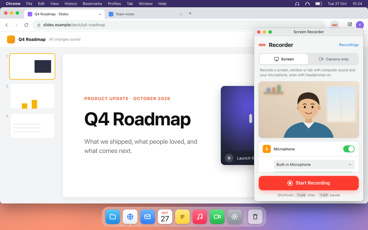 The recorder window with microphone, camera, save folder and quality settings