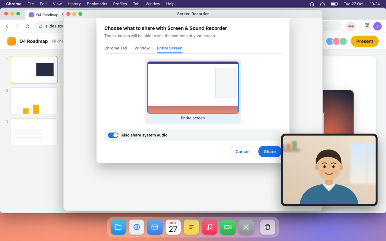 Chrome's screen picker with the Also share system audio switch turned on